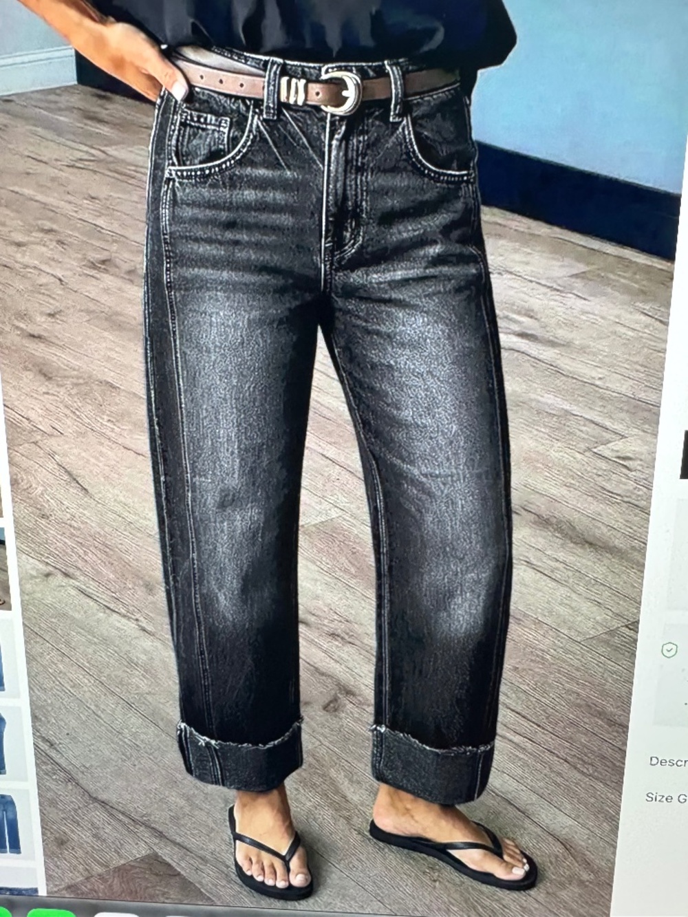 Flamingals Wash Seam Front Roll Raw Hem Mid Rise Straight Leg Crop Jeans Black M
